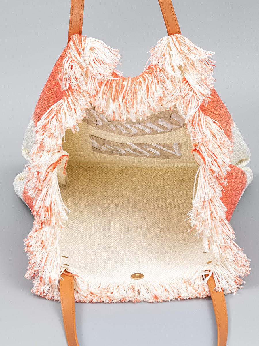 Sac fourre-tout brodé en toile avec pompon, sac magnétique sous les bras, été
