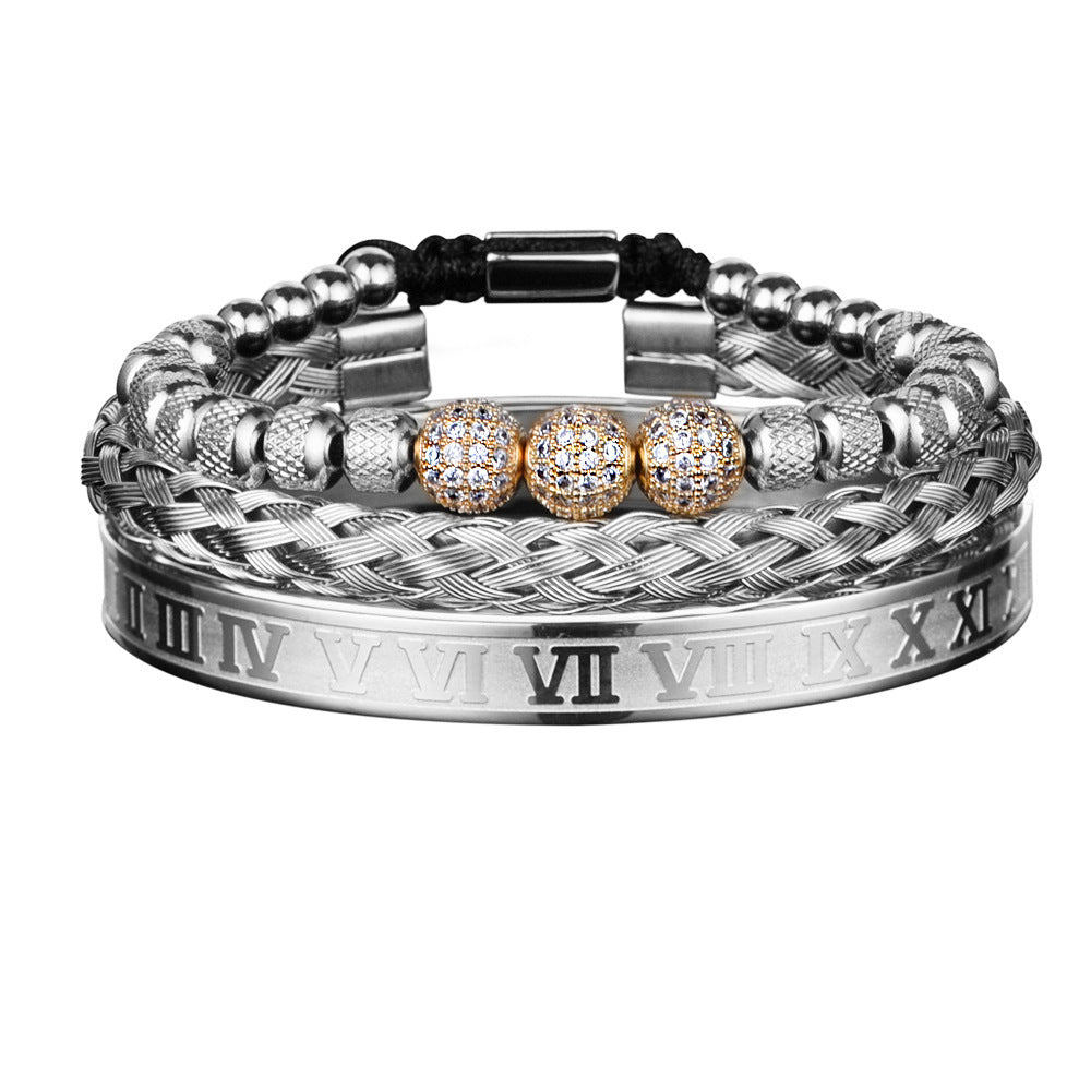 Bracelet en maille d'acier inoxydable, 3 boules de strass, dix diamants