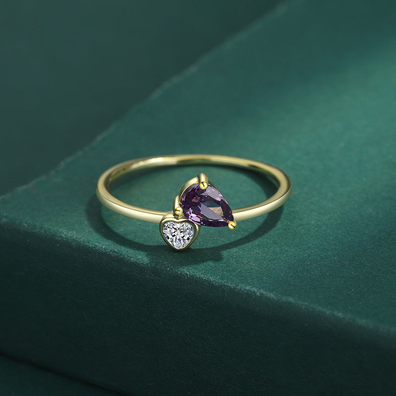 S925 Sterling Silver Plated 14K Gold Ring Purple Gem Peach Heart