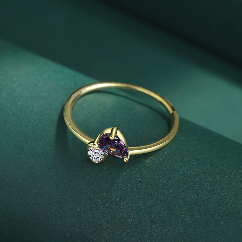 S925 Sterling Silver Plated 14K Gold Ring Purple Gem Peach Heart