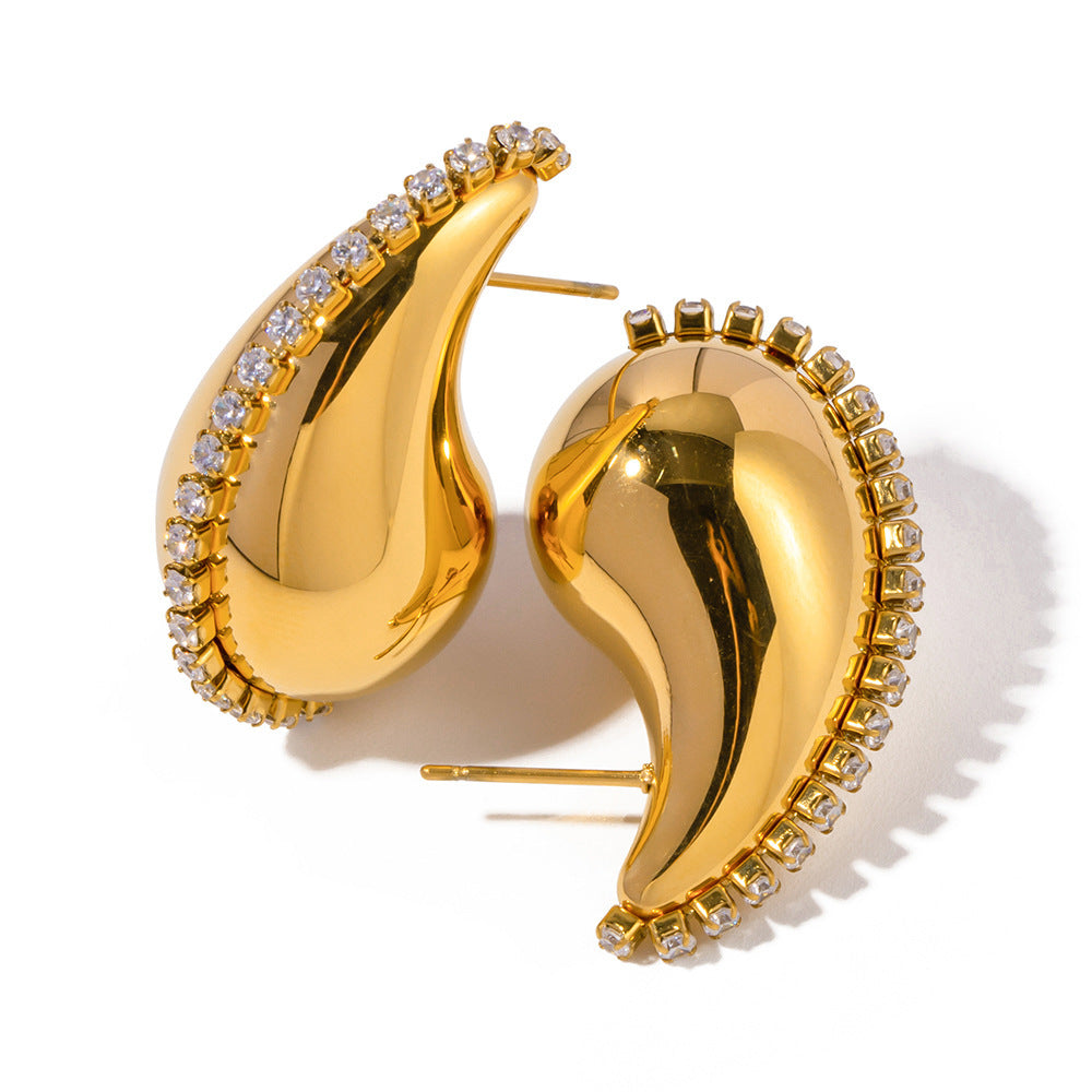 18K Gold Water Drop Titanium Steel Inlaid Zircon Earrings