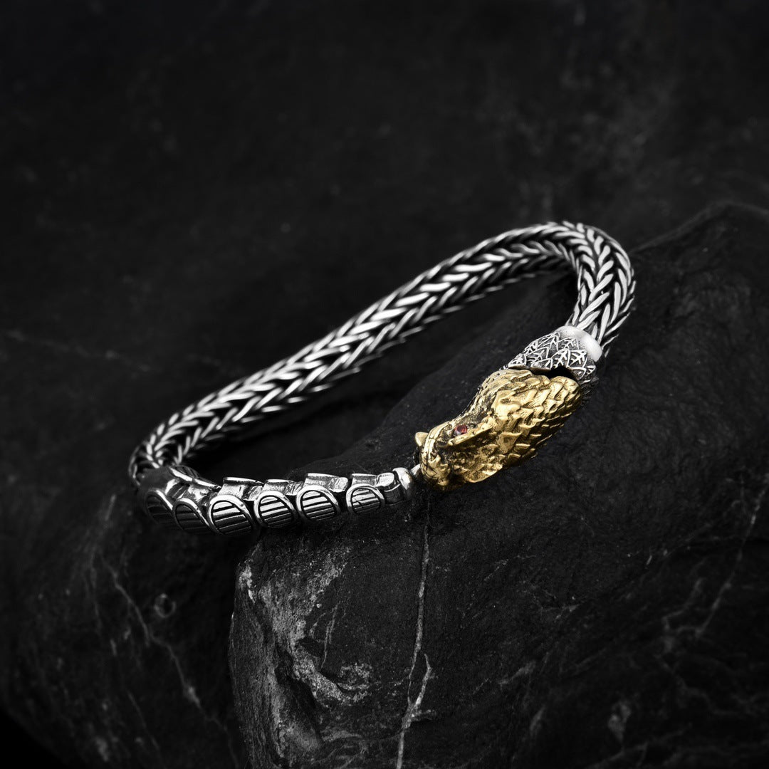Bracelet personnalisé dragon en argent sterling entrant dans la mer rétro en détresse