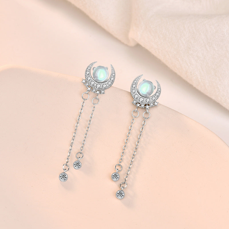 S925 Sterling Silver Long Elegant Bright Moon Star Moonstone Tassel Earrings Women's High-grade Cold Style