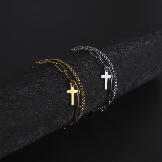 Bracelet à chaîne croisée à Double couche en acier titane à la mode