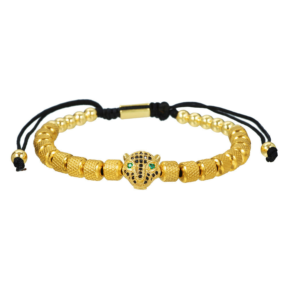 Zircon Leopard Head Stainless Steel Pineapple Bead Bracelet