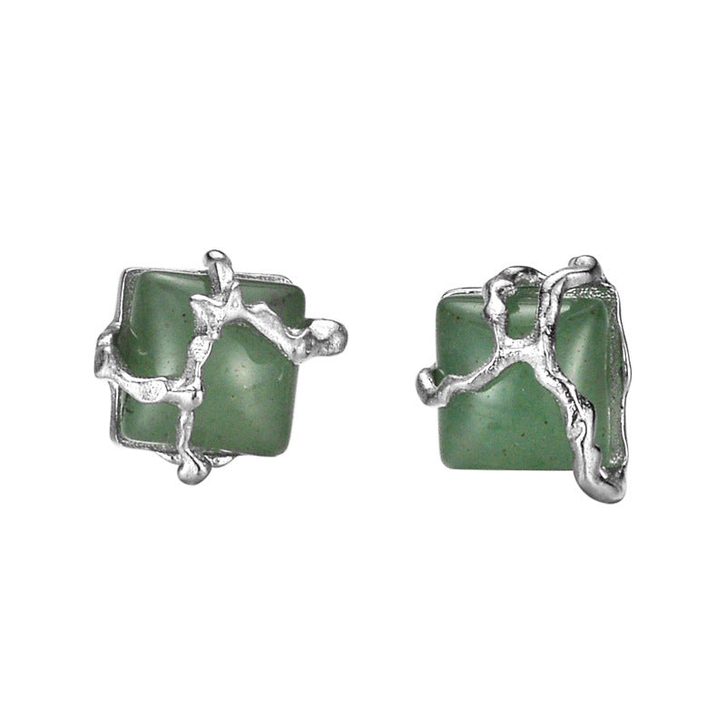 Nouveau Style chinois Simple S925 en argent Sterling perle carrée vert Aventurine boucles d'oreilles