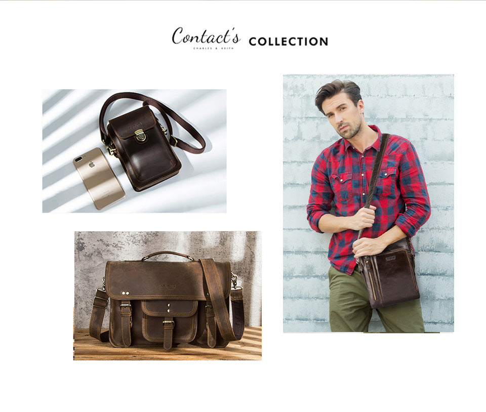 Bolso bandolera pequeño de piel de vaca de primera capa para hombre, informal, Retro, Crazy Horse, con un hombro, para teléfono