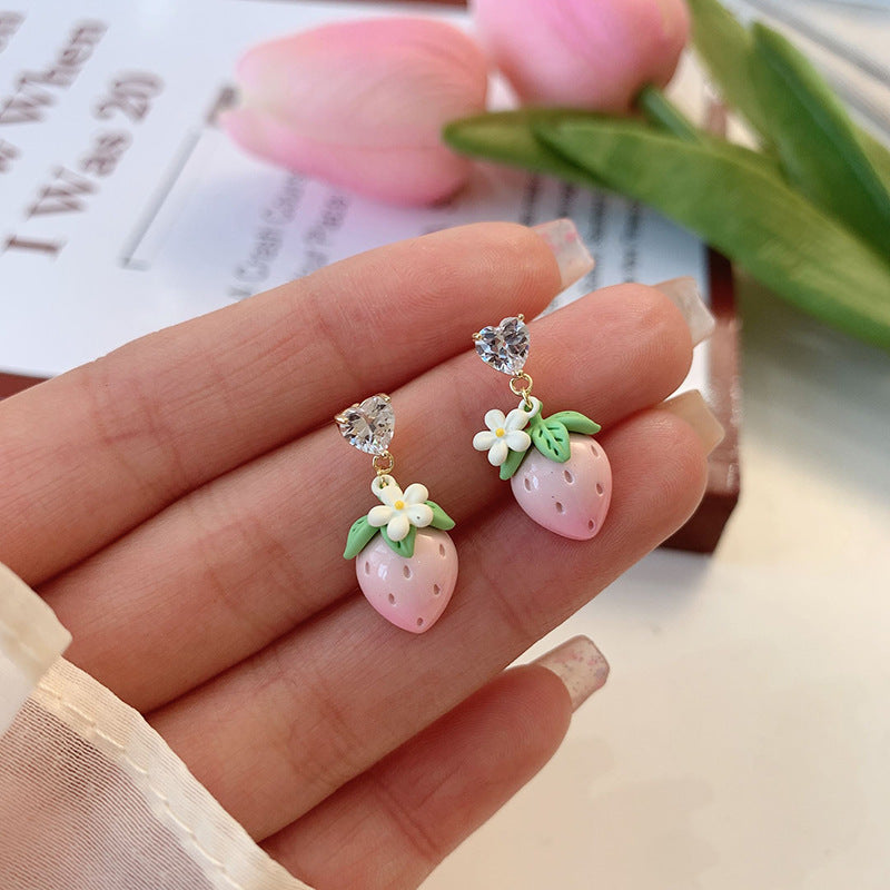 Boucles d'oreilles en argent plaqué or véritable, strass, Zircon, peinture en aérosol, amour fraise