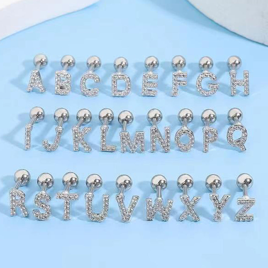 Inlaid Zircon 26 English Letters Ear Bone Stud Retro Personality Alloy Letter Thread Stud Earrings Ear Piercing