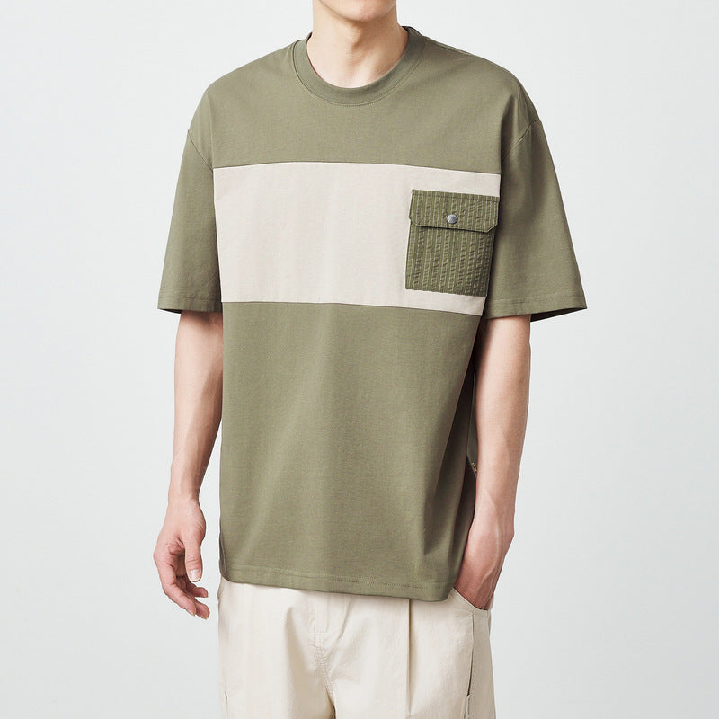 Combed Cotton Short-sleeved T-shirt Color Contrast Patchwork
