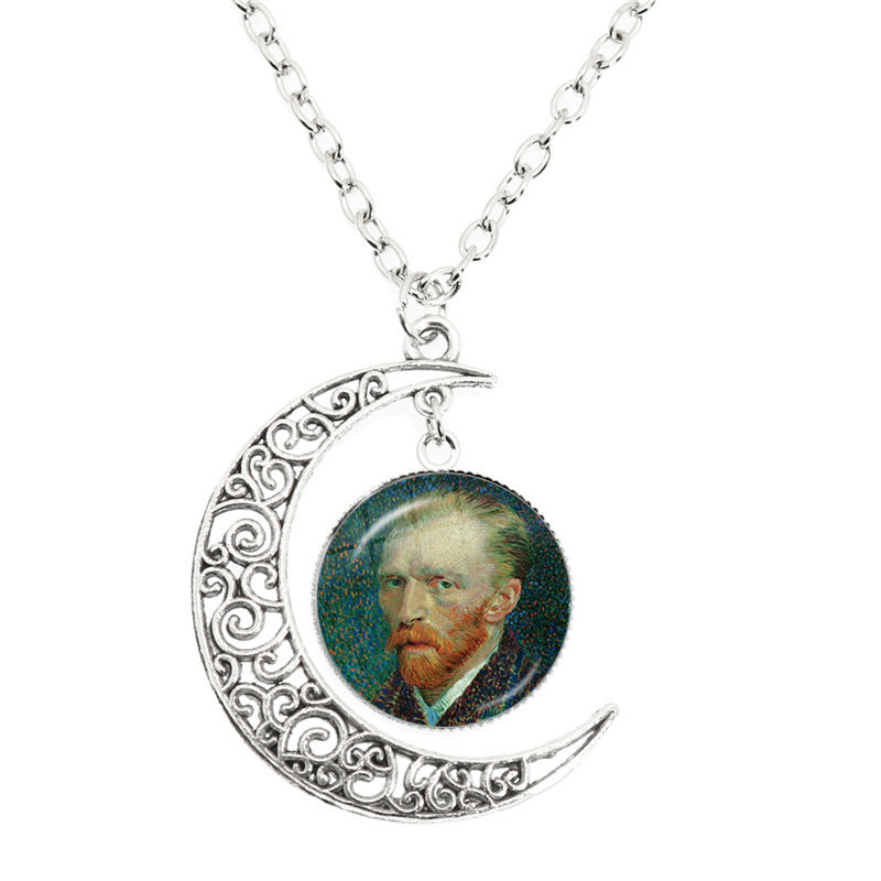 Van Gogh Starry Night Painting Moon Necklace Glass Round