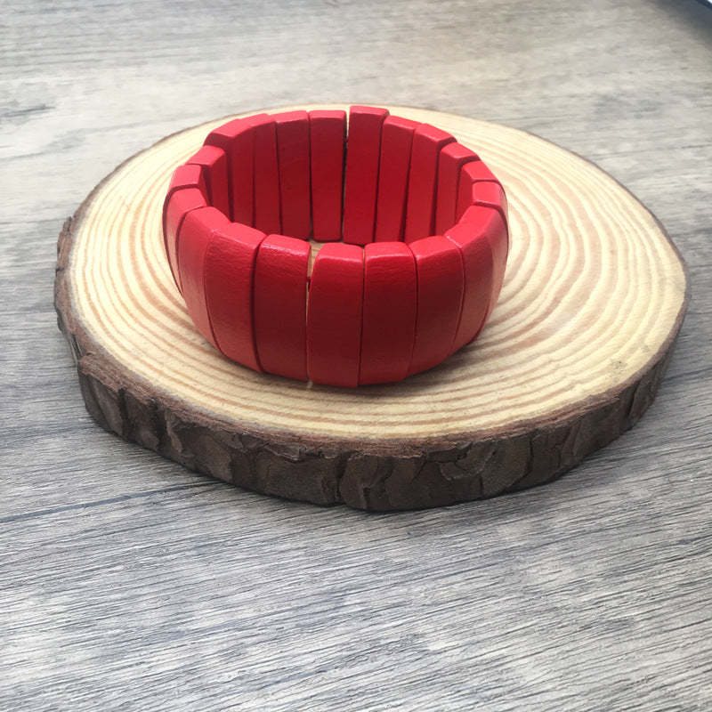 Watch Buckle Colored Wood Handmade Beaded Elastic Bracelet