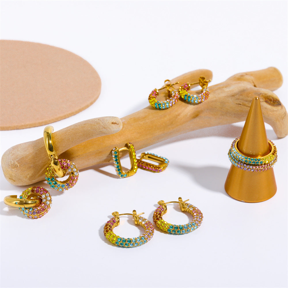 Rhinestone Earrings Ear Clip Stainless Steel Colorful Full Diamond
