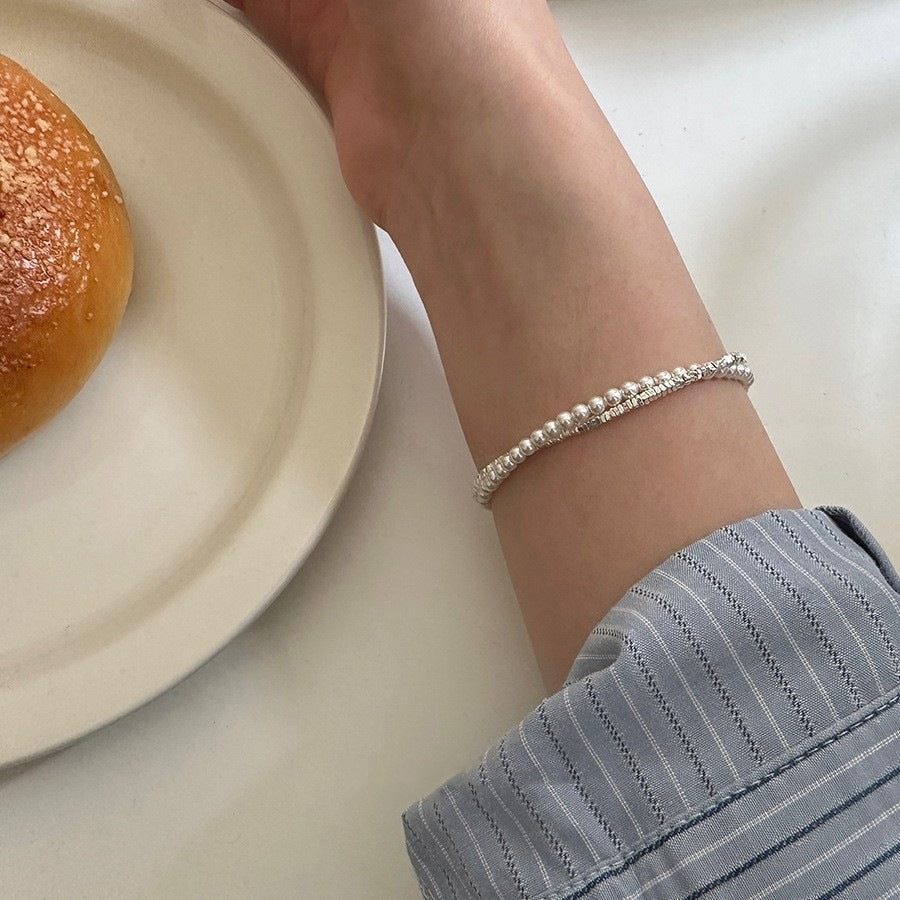 Women's Double-layer Pearl And Silver Necklace Simple Bracelet