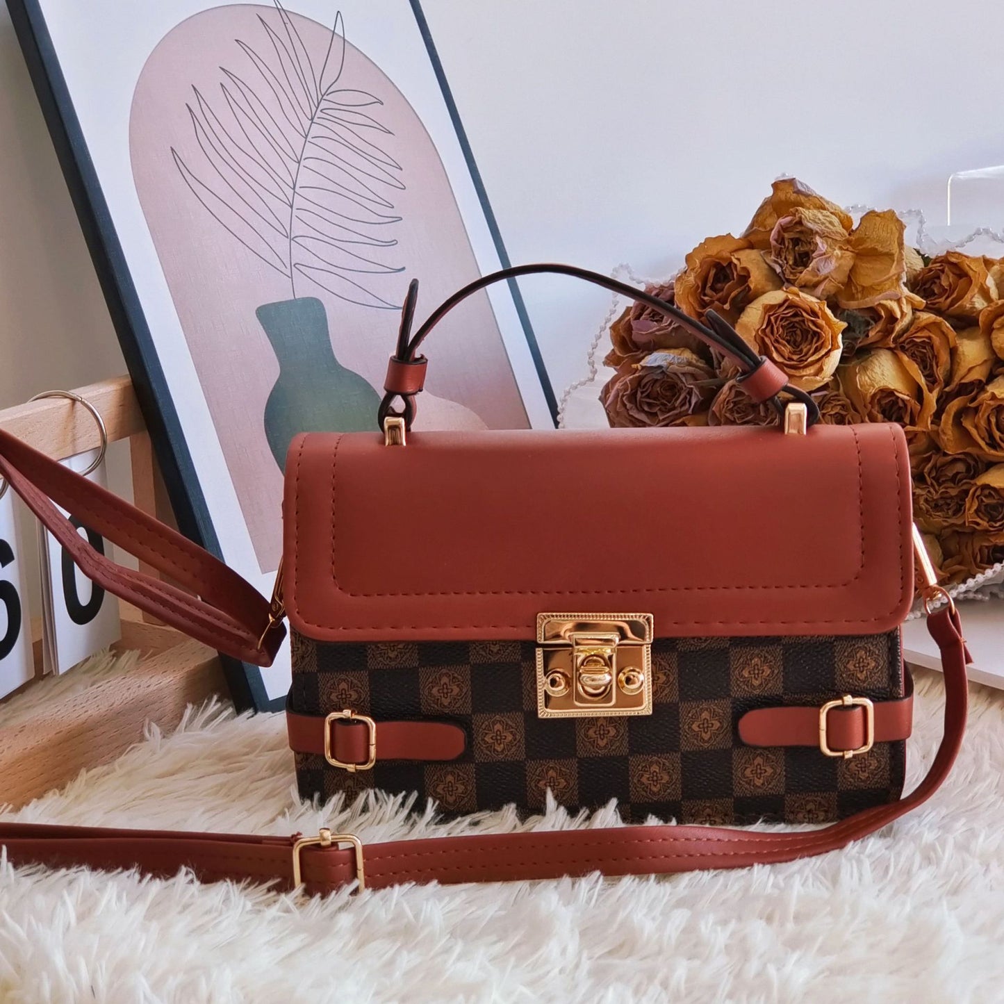 Cómodo bolso cruzado étnico con patrón cuadrado pequeño retro