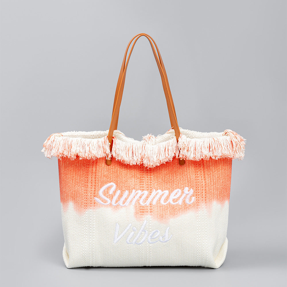 Sac fourre-tout brodé en toile avec pompon, sac magnétique sous les bras, été