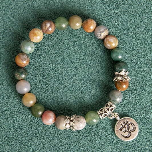 Bracelet pour hommes en perles d'agate indienne de 8 mm avec pierre de grain bleue et lettre de lotus