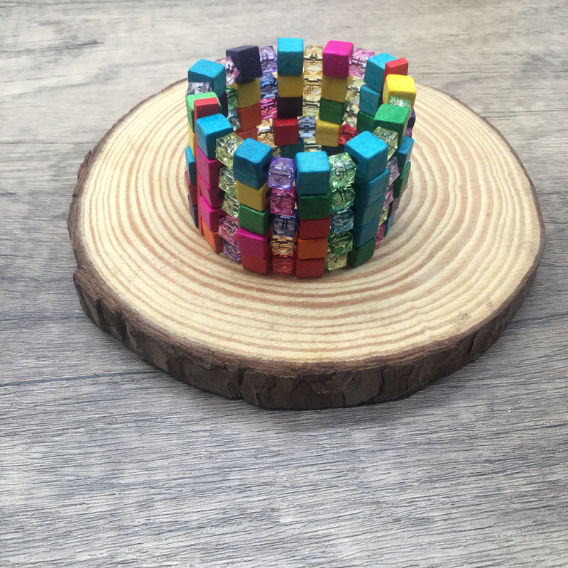 Watch Buckle Colored Wood Handmade Beaded Elastic Bracelet