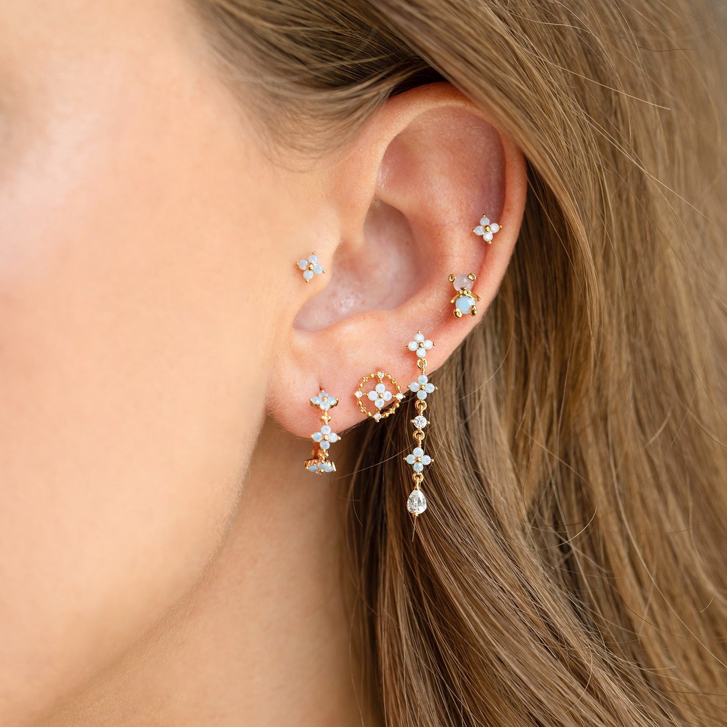 Cute Blue Flower Stud Earrings Copper Plated Real Gold
