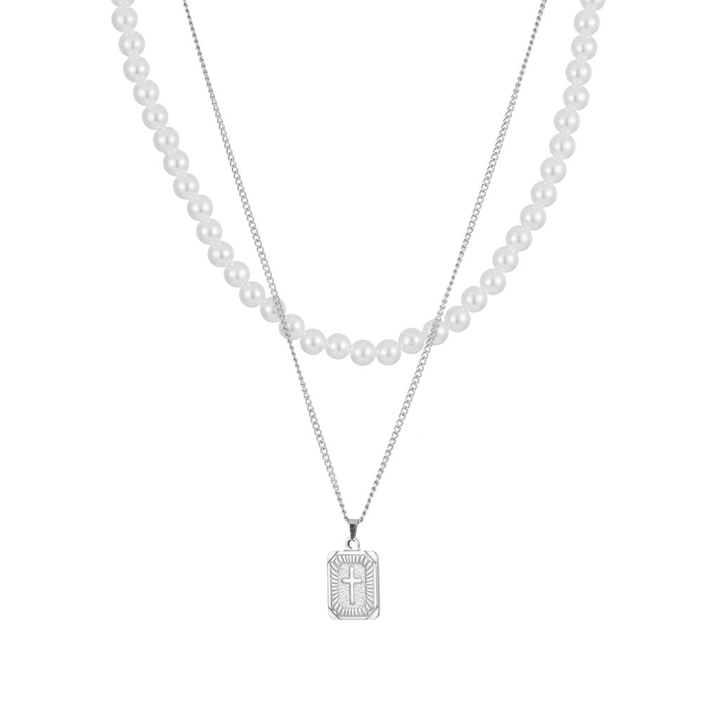 Collar con colgante de perlas de doble capa de acero inoxidable, todo fósforo, a la moda, para hombre