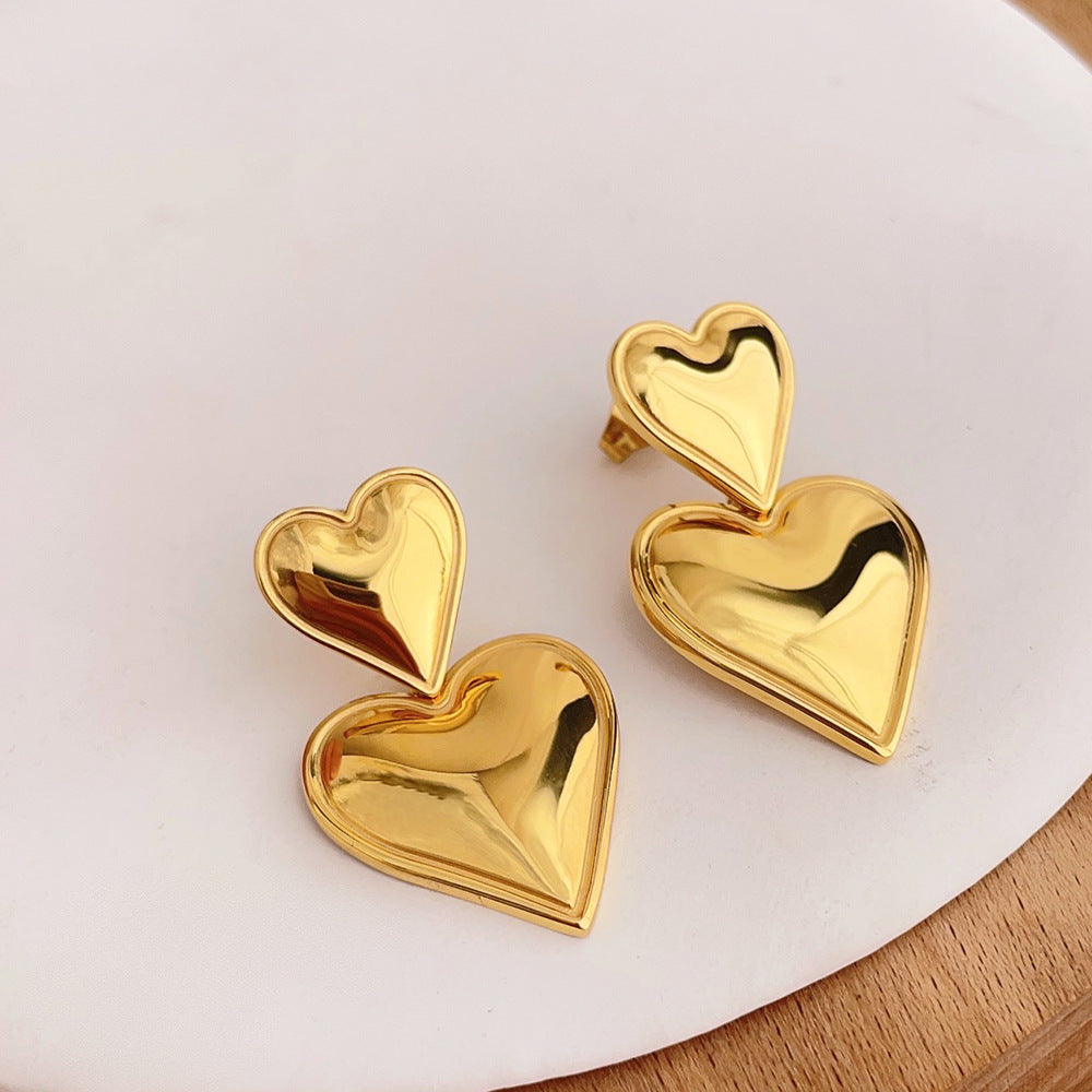 18K Gold Stainless Steel Heart-shaped Gold And Silver Color Matching Earrings
