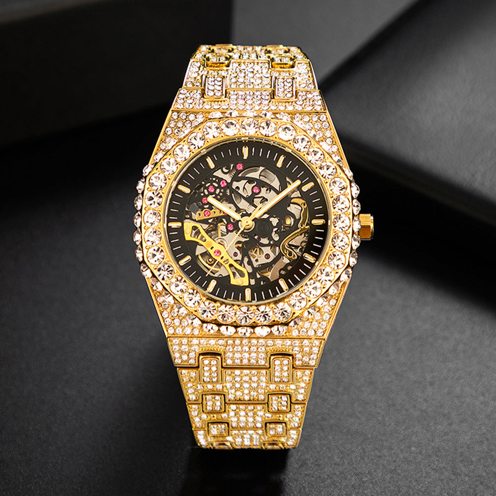 Reloj mecánico hueco automático para fiesta de Hip Hop con diamantes completos