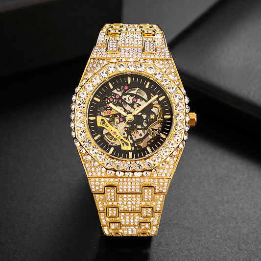 Reloj mecánico hueco automático para fiesta de Hip Hop con diamantes completos