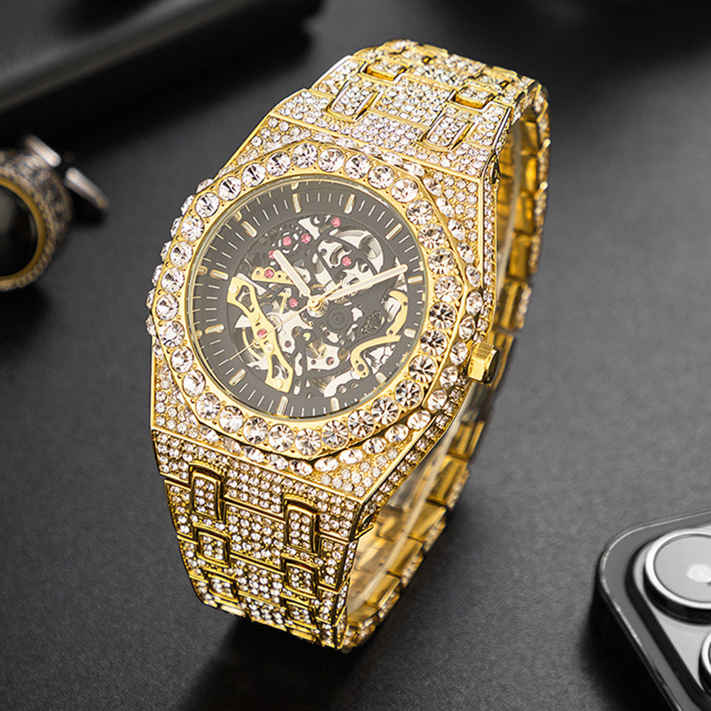Reloj mecánico hueco automático para fiesta de Hip Hop con diamantes completos