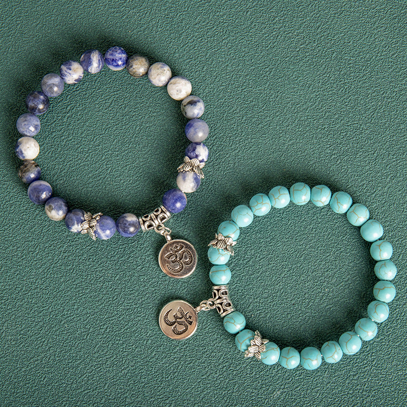 Nouveau 8MM Agate bleu Grain pierre Lotus lettre hommes Bracelet de perles