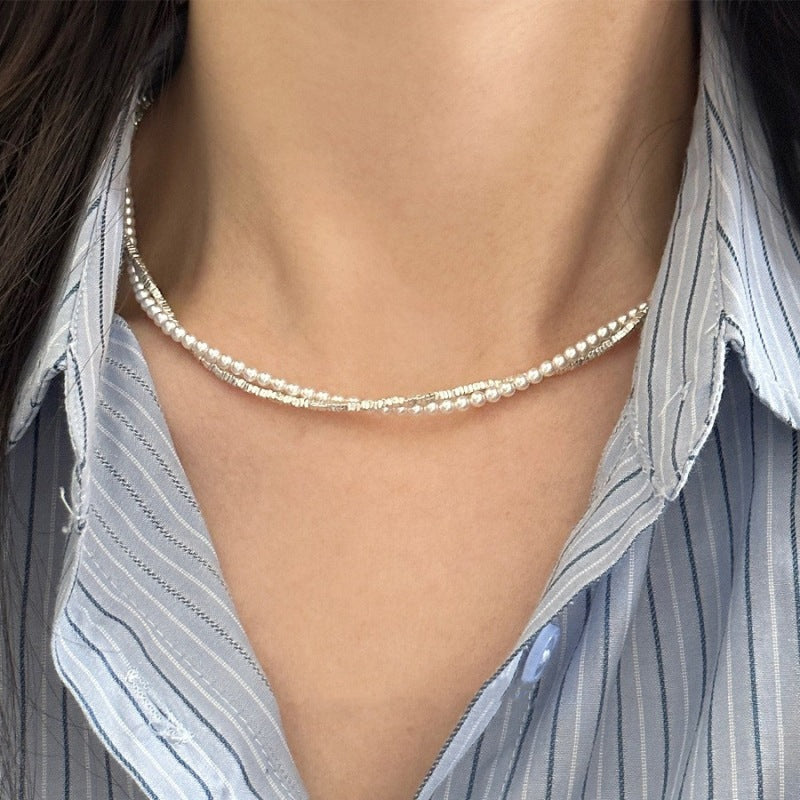 Women's Double-layer Pearl And Silver Necklace Simple Bracelet
