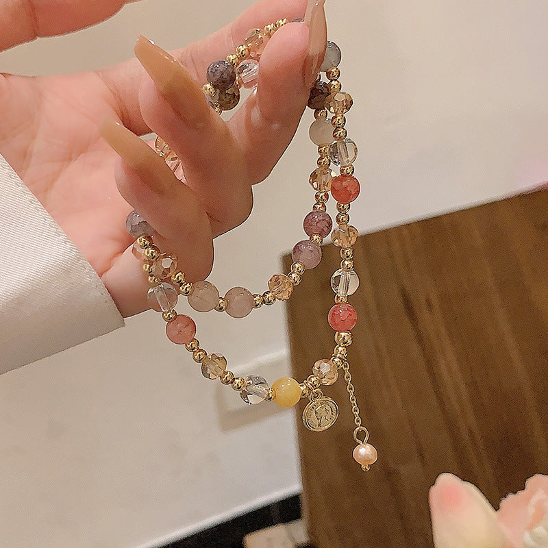 Bracelet double couche rond avec portrait de perles baroques rétro
