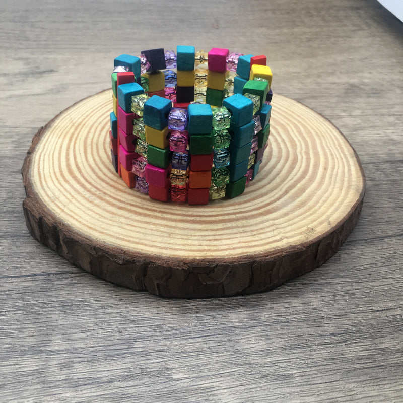 Watch Buckle Colored Wood Handmade Beaded Elastic Bracelet