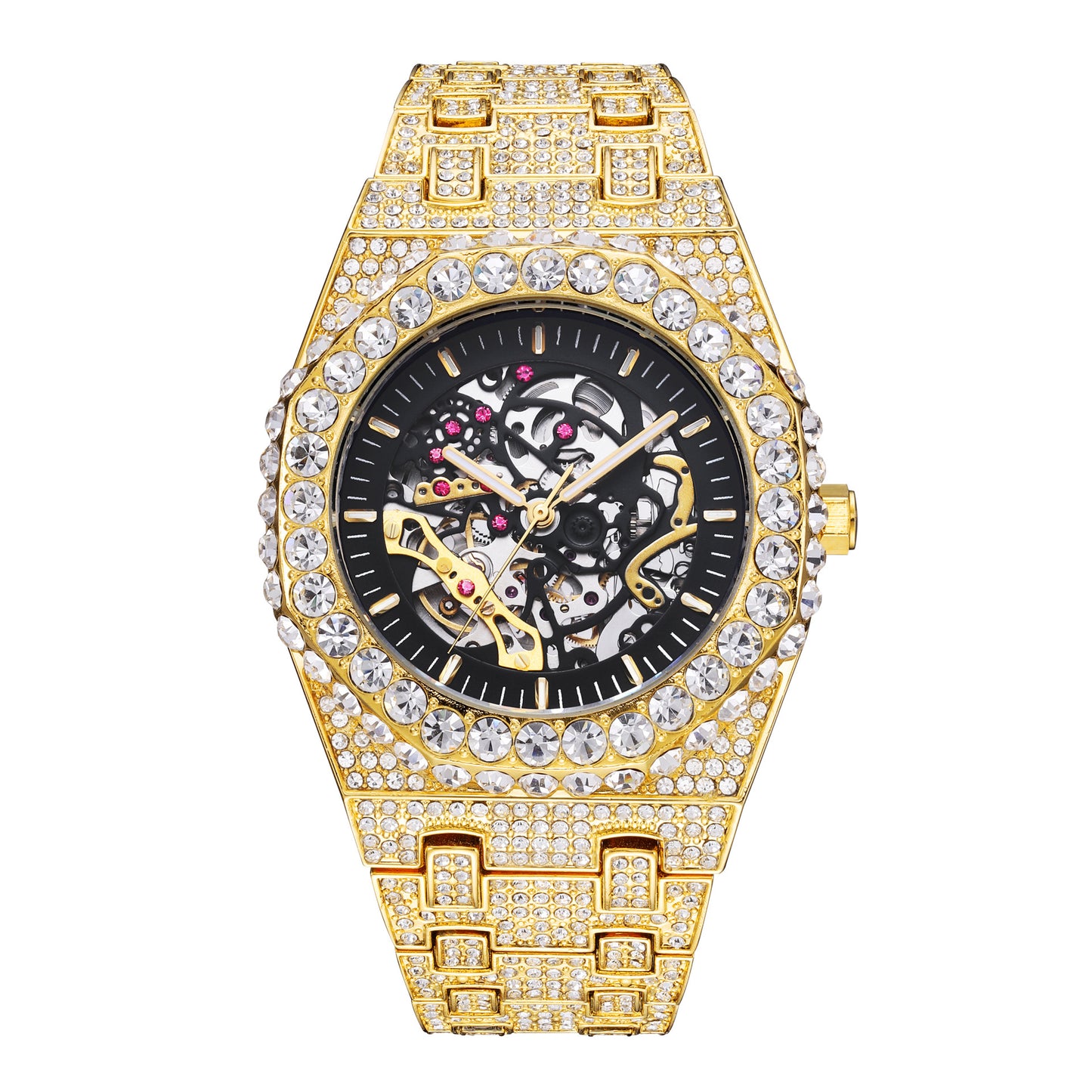 Reloj mecánico hueco automático para fiesta de Hip Hop con diamantes completos
