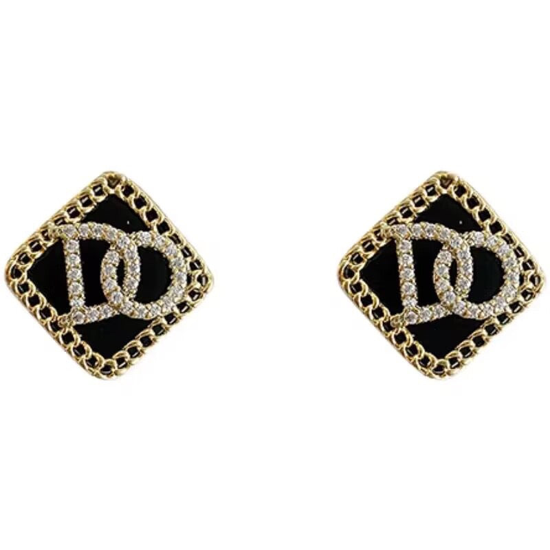 S925 Silver Needle Black Square Letter Earrings