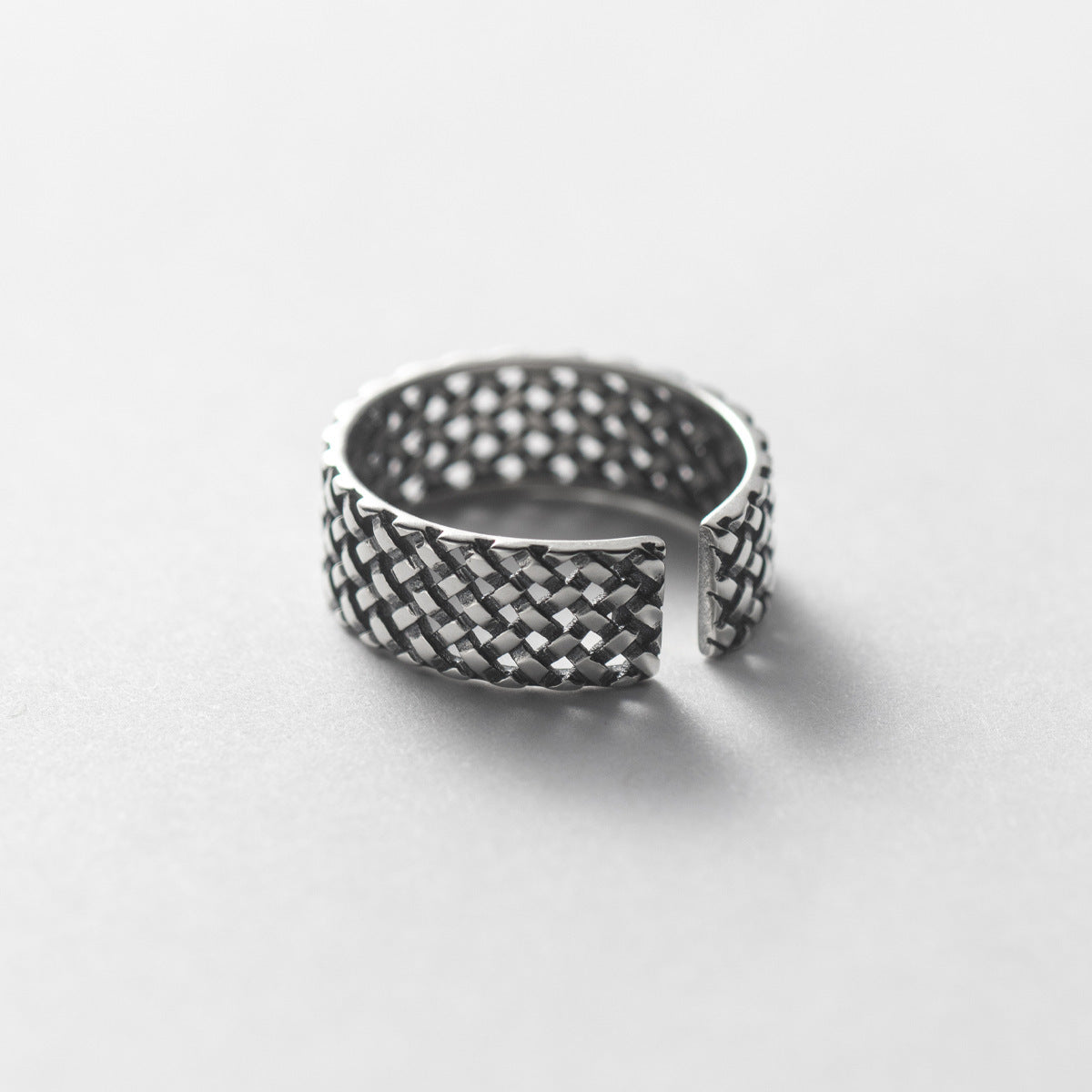 S925 Sterling Silver Plaid Woven Wide Face Ring