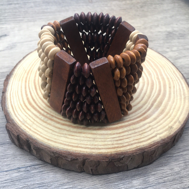 Watch Buckle Colored Wood Handmade Beaded Elastic Bracelet