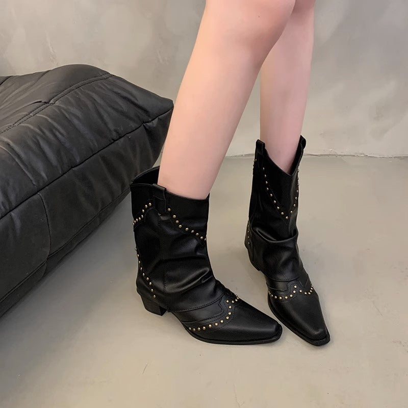 Bottes collants à bout pointu rétro coupe en V pour femmes, Design d'intérêt spécial
