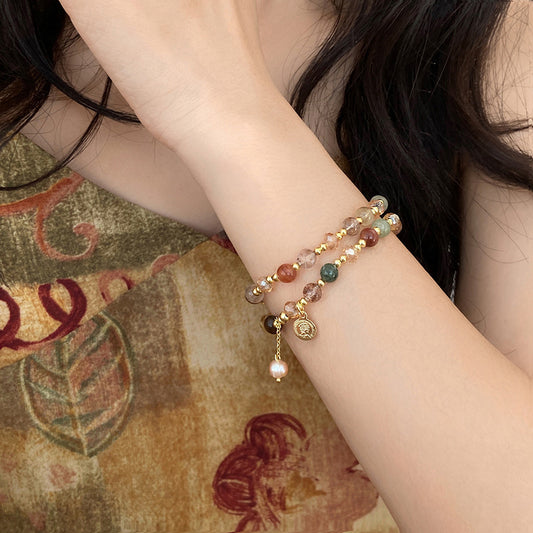 Bracelet double couche rond avec portrait de perles baroques rétro