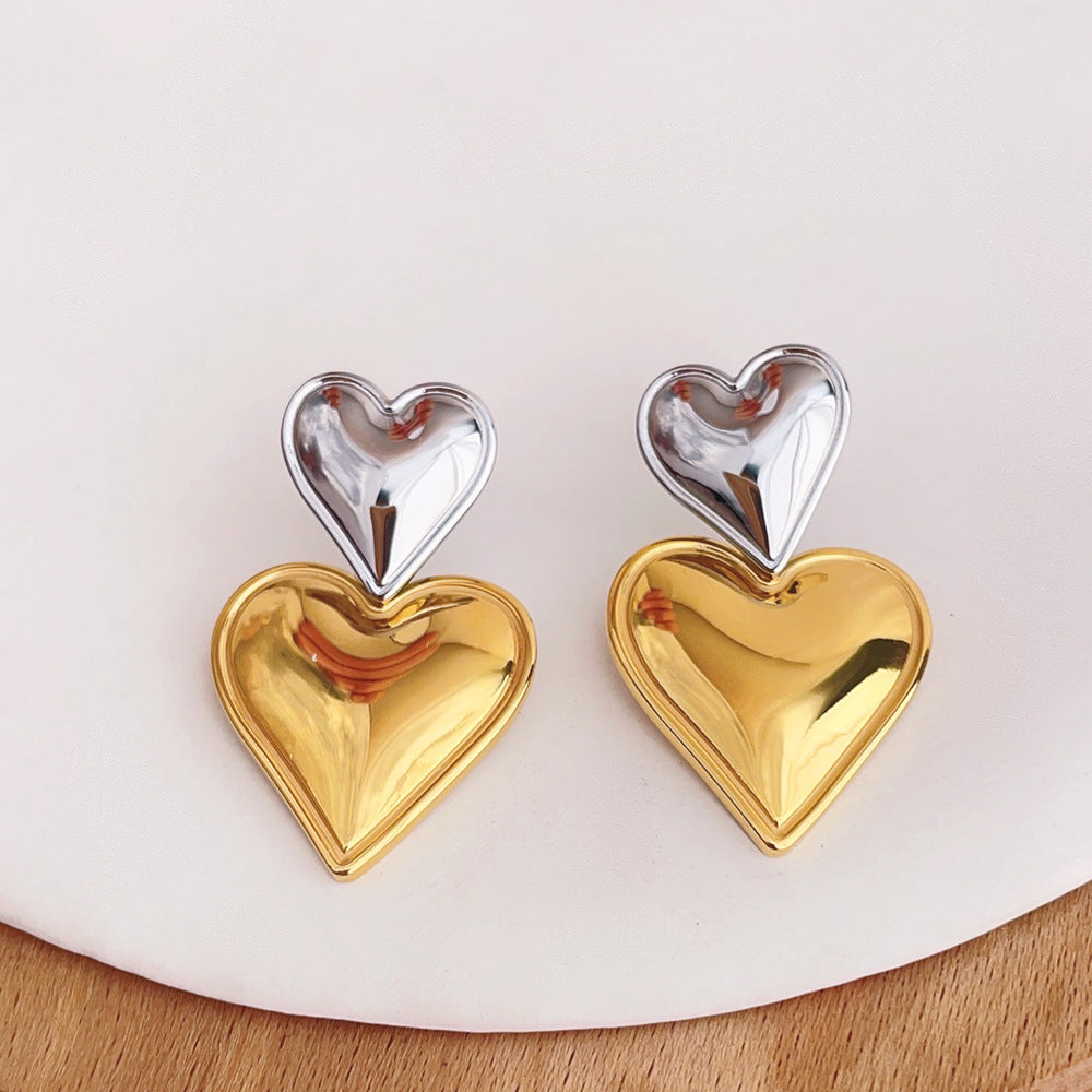 18K Gold Stainless Steel Heart-shaped Gold And Silver Color Matching Earrings