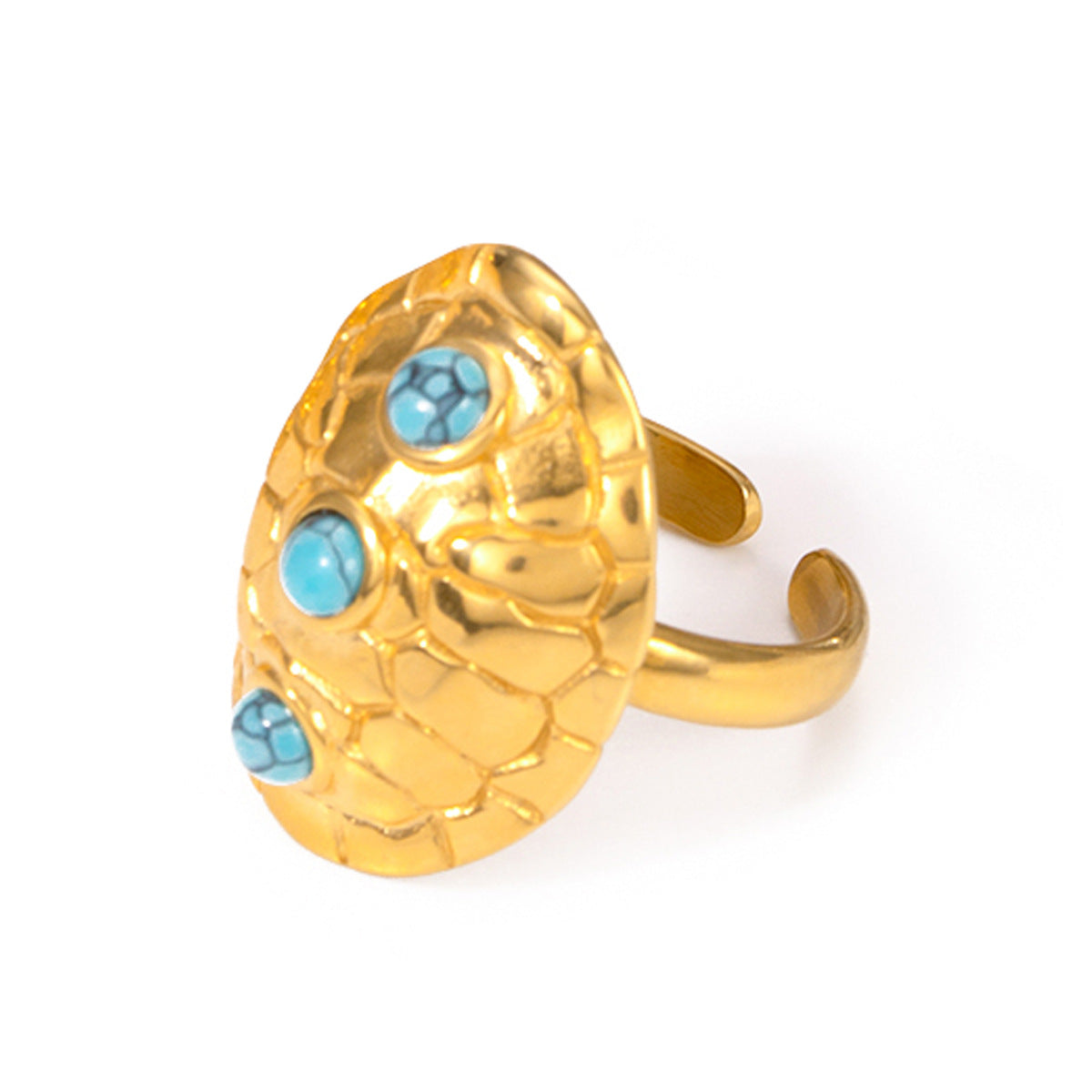 Anillo de apertura de caparazón de tortuga turquesa con incrustaciones de acero inoxidable