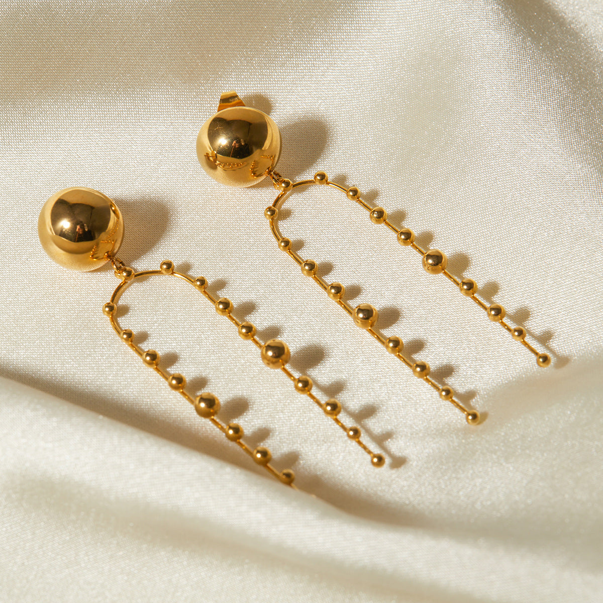 18k Gold Stainless Steel Hemispherical Bead Pendant Earrings