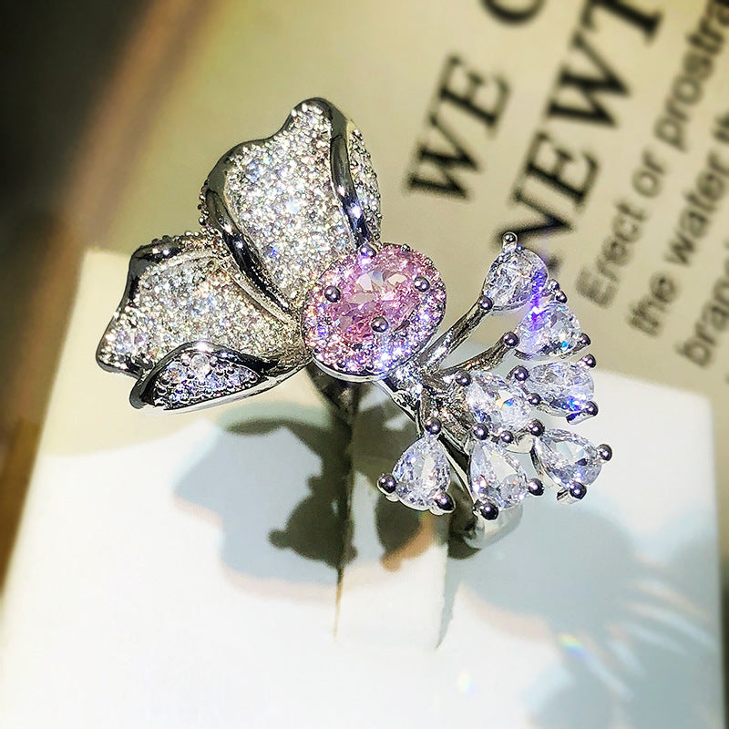 Bright Red Diamond Colored Gems Flower Ring Female Opening