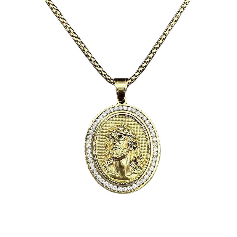 Collier pendentif jésus en Zircon plaqué or sous vide en acier inoxydable