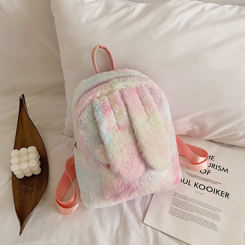 Sac à dos en peluche avec oreilles de lapin mignonnes pour femmes
