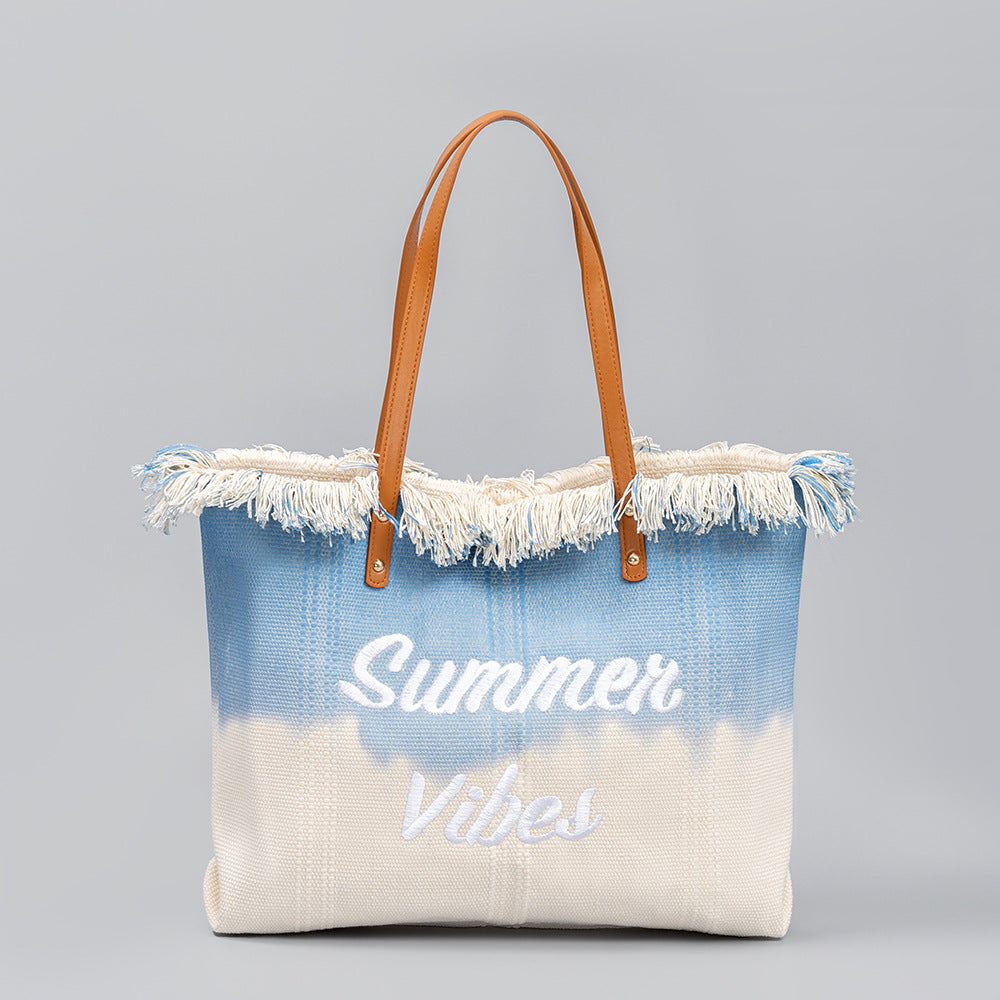 Sac fourre-tout brodé en toile avec pompon, sac magnétique sous les bras, été