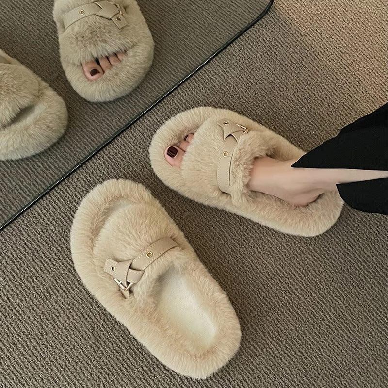 Pantuflas interiores de algodón de felpa con parte inferior gruesa de talla grande para el hogar