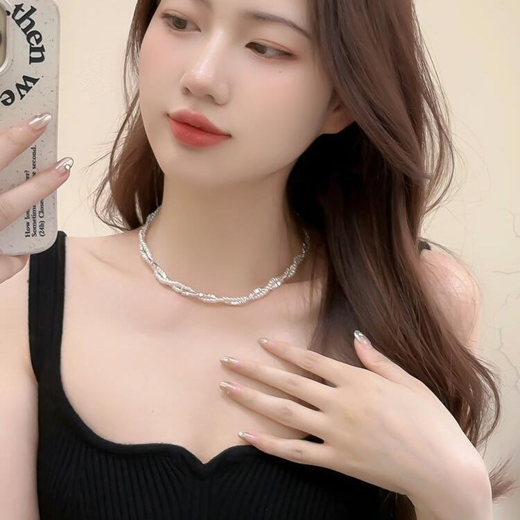 Women's Double-layer Pearl And Silver Necklace Simple Bracelet