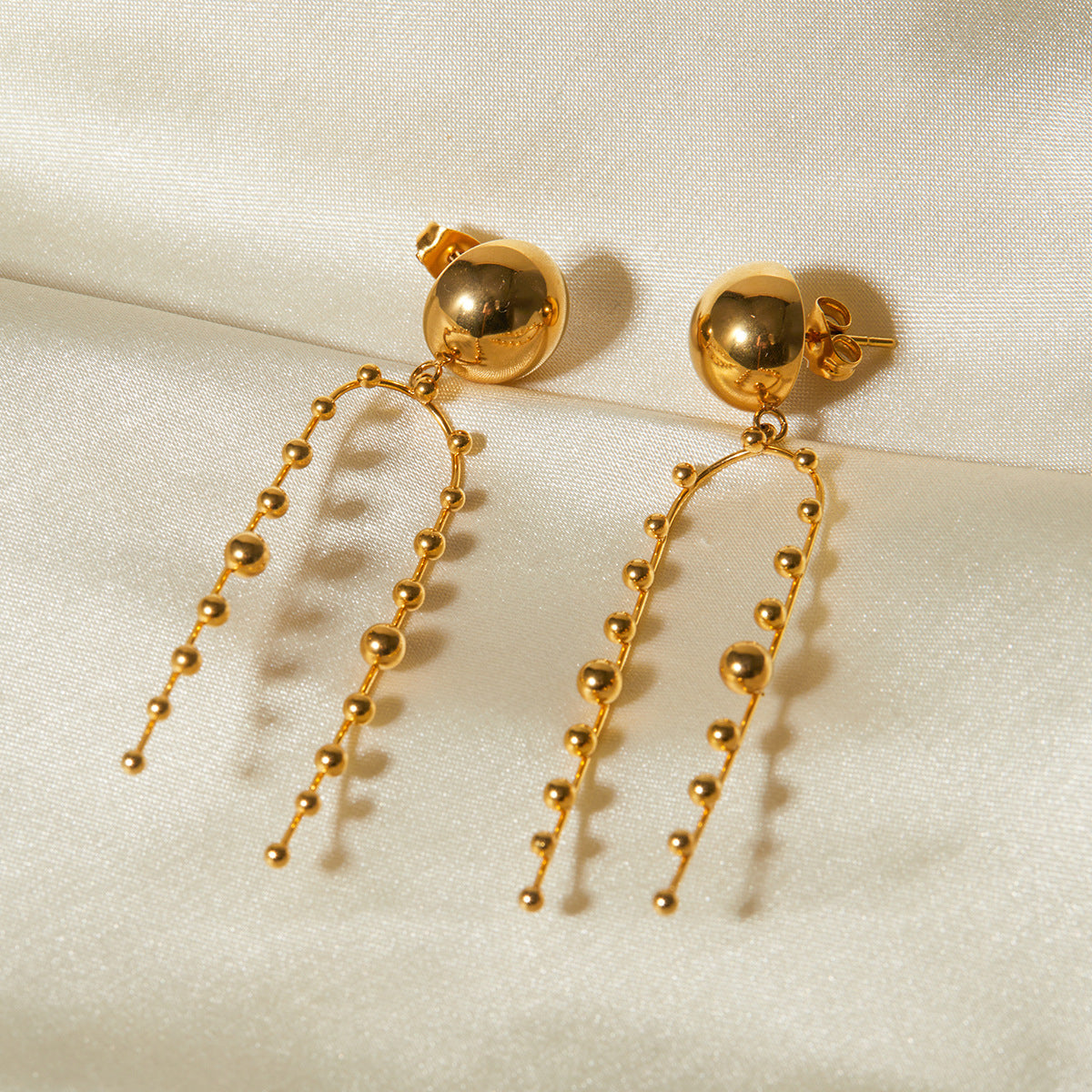 18k Gold Stainless Steel Hemispherical Bead Pendant Earrings