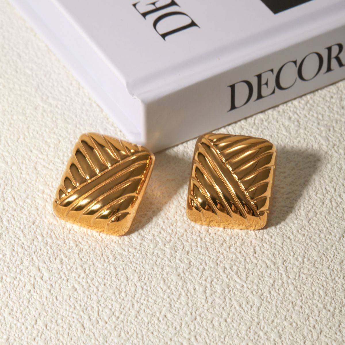 18k Gold Stainless Steel Square Woven Pattern Earrings