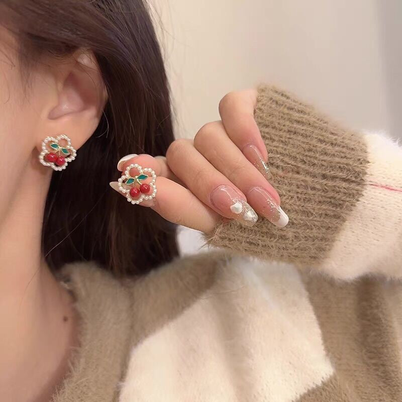 S925 Silver Needle Red Cherry Pearl Earrings Female